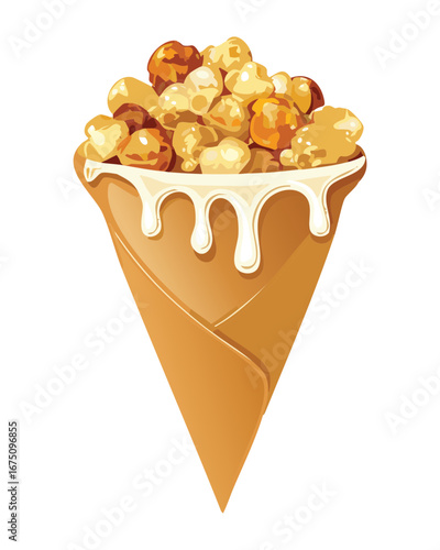A beautiful waffle cone filled to the brim with crunchy popcorn and a caramel drizzle - Vector Illustration

