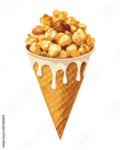 A waffle cone filled with sweet, crunchy popcorn and a generous drizzle of caramel - Vector Illustration

