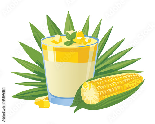 A refreshing corn beverage in a tall glass with fresh corn kernels and green leaves - Vector Illustration

