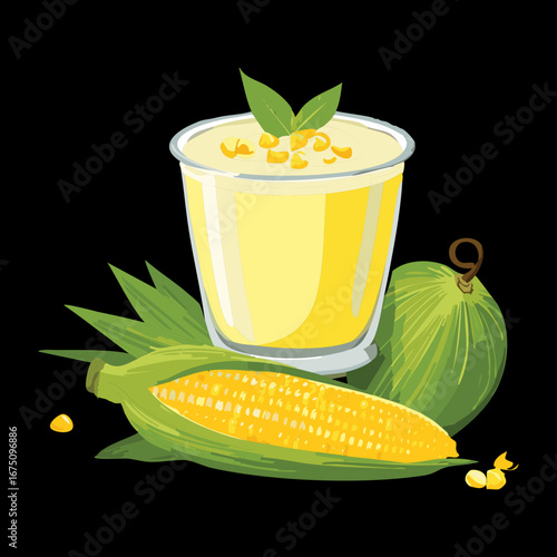 A creamy corn drink in a small glass served with a freshly sliced corn cob - Vector Illustration

