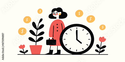 In a minimalist illustration, a woman in red holding a briefcase alongside a clock, symbolizing time management and financial decisions, surrounded by money symbols. 