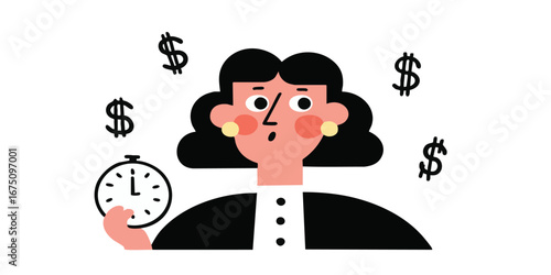A graphic illustration depicts a businesswoman juggling time and money, symbolizing the pressures and challenges of balancing work and financial responsibilities.