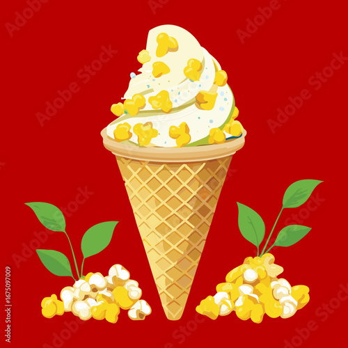 A classic waffle cone holding a generous scoop of ice cream with pieces of corn - Vector Illustration


