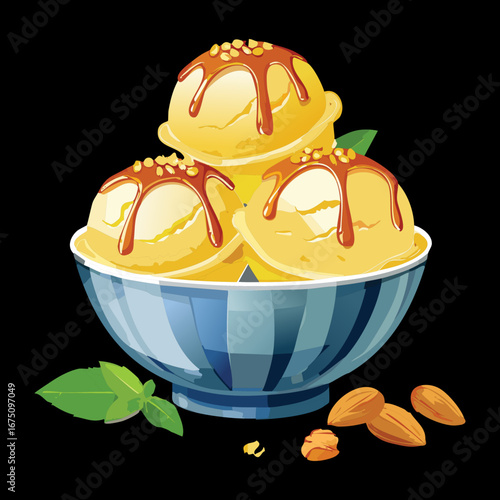 A serving of corn ice cream with a mint leaf, a creative and delicious sweet treat - Vector Illustration