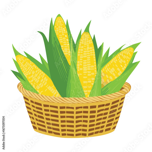A full basket of fresh yellow corn, a perfect representation of a successful and generous harvest - Vector Illustration