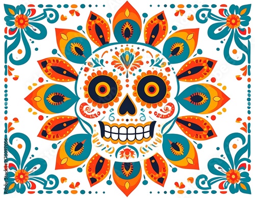 Colorful sugar skull design with floral patterns