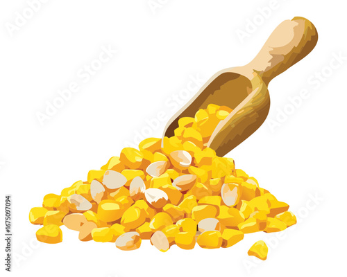 A wooden scoop filled with yellow corn kernels, ready to be used as a wholesome ingredient - Vector Illustration