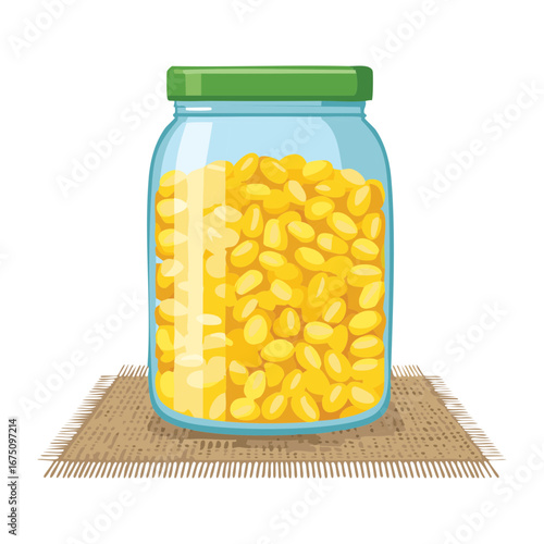 Corn kernels scattered around a large glass jar, symbolizing a bountiful and generous harvest - Vector Illustration