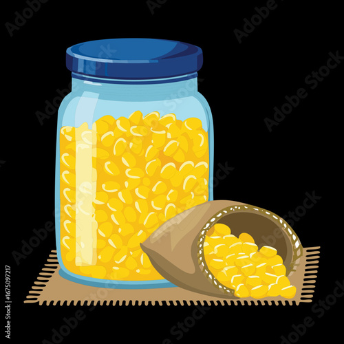 A glass jar filled with yellow corn kernels, a simple and vibrant storage of natural food - Vector Illustration