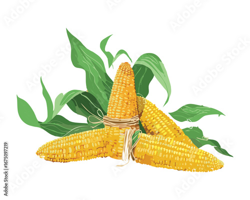 A bunch of corn cobs with fresh green husks, piled together in a display of natural abundance - Vector Illustration