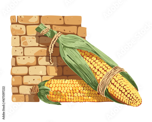 Two ears of corn leaning against a brick wall, showcasing a bountiful and humble farm harvest - Vector Illustration