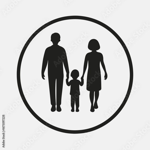 Happy family walking together in circle, parents holding child's hands, silhouette
