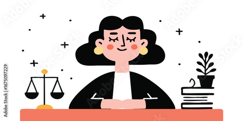 An illustration of a poised female figure, emanating tranquility, with scales of justice. It portrays the essence of the legal profession, with elements like balance and knowledge.
