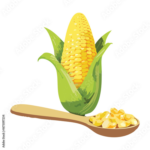 A perfect ear of corn on a wooden spoon, symbolizing a simple and wholesome rural life - Vector Illustration