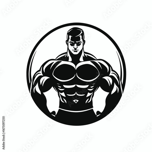 Muscular bodybuilder posing, showing off massive muscles, in circular frame, silhouette