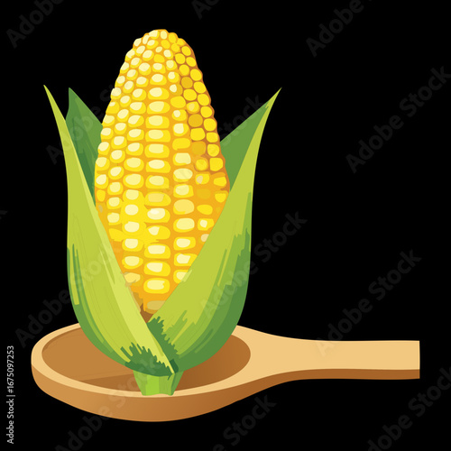 A single grilled corn on the cob held by a wooden utensil - Vector Illustration

