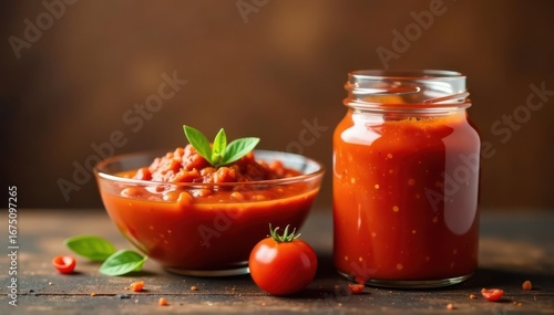 Glass bowl and jar of chunky tomato sauce, brown backdrop, food, supper
