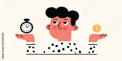 A strategic individual contemplates the fundamental balance between time and money. The conceptual illustration showcases the critical choices involved in financial planning.