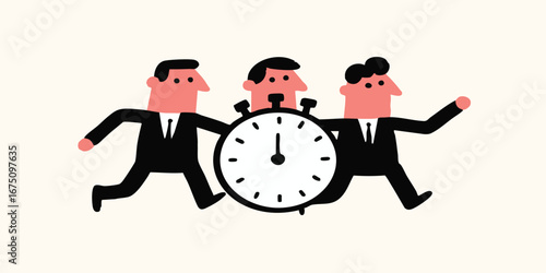 Business professionals racing against the clock, symbolizing the urgency and pressure of deadlines in a stylized, illustrated image.