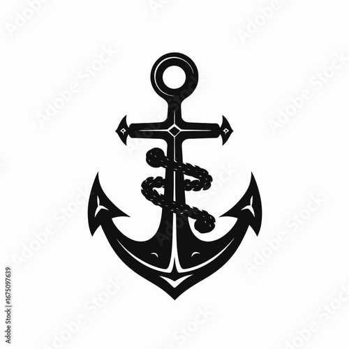 Nautical marine anchor with rope graphic vector isolated black silhouette
