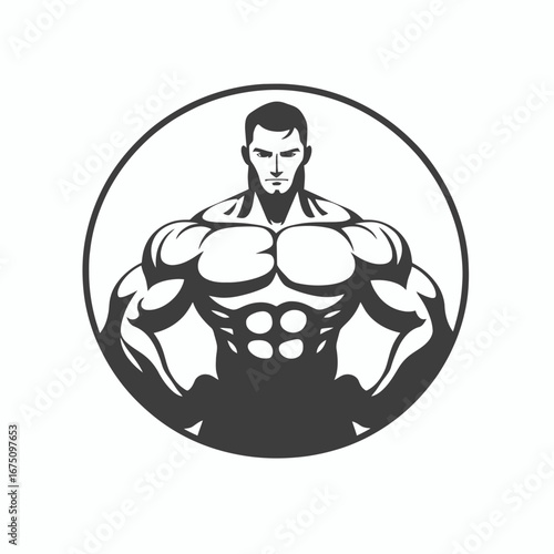 Bodybuilder within a circle showcasing peak physique, simple and strong silhouette