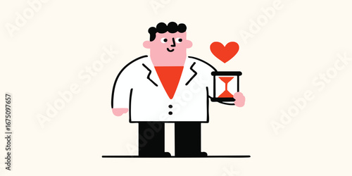 A caring doctor holds a symbolic hourglass and a heart, a visual representation of compassion and the passage of time. It conveys dedication, patience, and the preciousness of life in a modern.