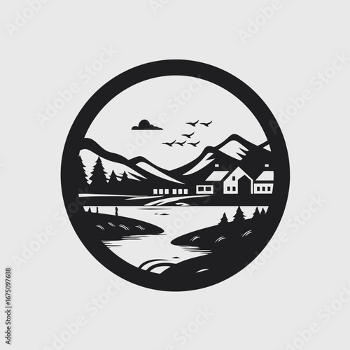Lakeside houses and mountains with flying birds inside circle, a logo silhouette