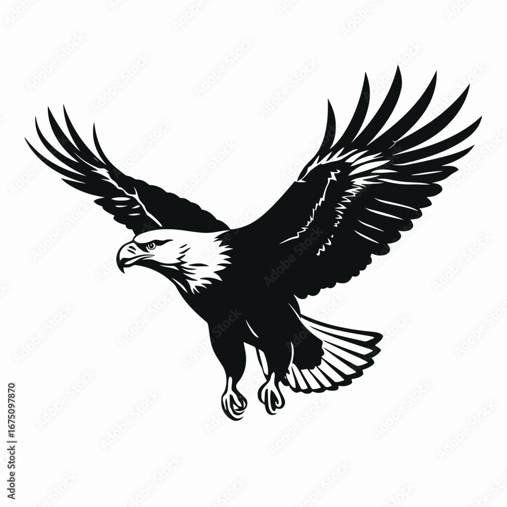 Obraz premium Majestic eagle soars powerfully against a bright backdrop in bold silhouette