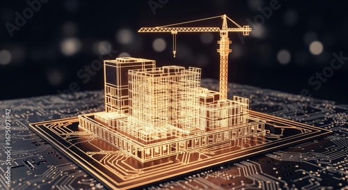 Building Information Modeling (BIM) concept. A glowing hologram of a building under construction on a CPU, symbolizing smart construction and digital architecture.

