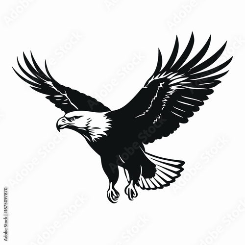 Majestic eagle soars powerfully against a bright backdrop in bold silhouette