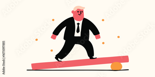 An animated image of a businessman balancing on a wooden plank, symbolizing a challenging equilibrium between work and life.
