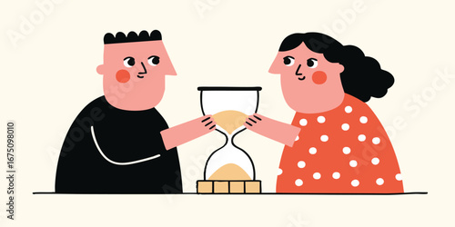 An artistic representation, a couple grapples with the passage of time, illustrated with an hourglass. Capturing the essence of life's fleeting moments, this scene evokes contemplation.