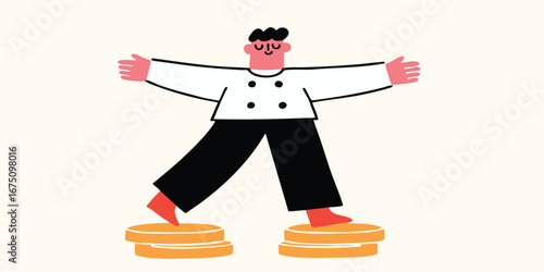 An illustrated chef joyfully balances atop stacks of coins, symbolizing financial success and culinary triumph in a vibrant and inviting illustration.
