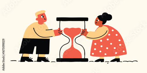 Two figures, united in a shared moment, hold a timeless hourglass in a simple illustration style. This art piece reflects the passage of time and working together.