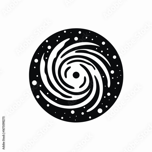 Abstract cosmic swirl with dots, resembling nebula or galaxy, vector silhouette