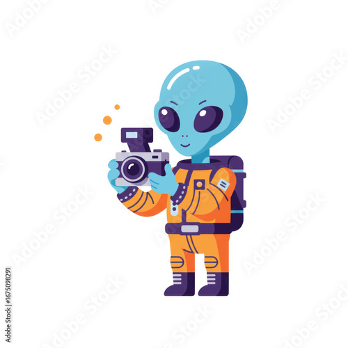 Cute blue alien astronaut in an orange spacesuit holding a vintage-style camera.