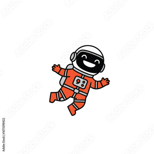 A happy cartoon astronaut in a bright orange spacesuit floating with a joyful smile.