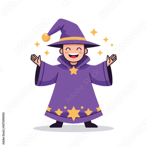 A cheerful cartoon wizard boy in a purple robe with yellow stars smiling with open arms.