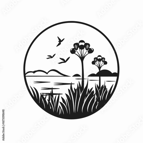 Tranquil waterscape illustration with trees and birds in flat silhouette.