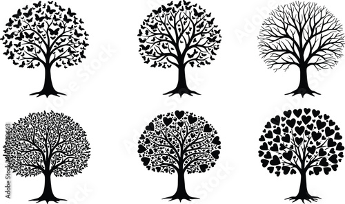 Decorative tree silhouettes collection, nature forest vector set, seasonal design icons, botanical illustration, leafy branches shapes, natural environment patterns, black woodland artwork