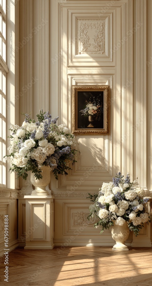 Fototapeta premium Sunlight streams into a grand room, highlighting floral arrangements in ornate urns