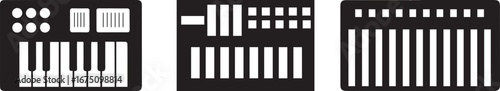 MIDI keyboard controller vector illustration set showing electronic music production equipment with piano keys, sliders, and pads used by DJs, producers, and composers for sound design and performance
