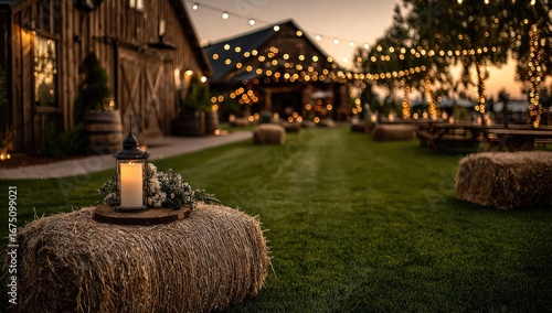 Rustic barn wedding reception at dusk