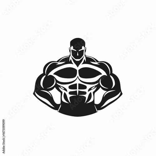 Strong muscular man posing, bold bodybuilder graphic black and white silhouette