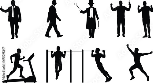 People silhouettes collection, business man walking vector, magician performing design, fitness exercise icons, running treadmill, pull ups training, active lifestyle sports illustration set