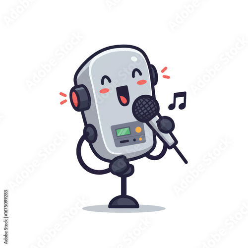 A cute cartoon water heater character with a happy face singing into a microphone wearing headphones.