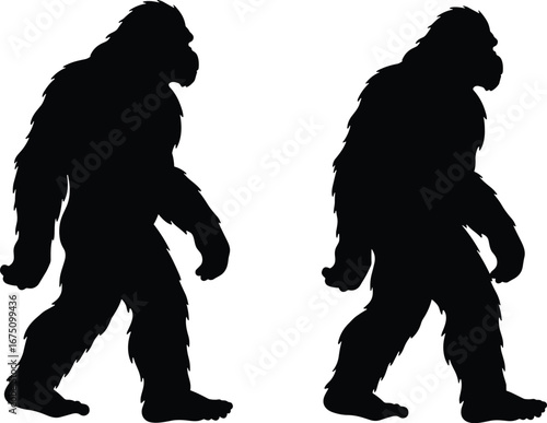 Bigfoot Yeti silhouettes collection, sasquatch walking vector set, legendary creature design, cryptid monster icons, mythological beast illustration, black mysterious animal shape