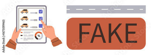 Hands examining car details checklist with graphs and checkboxes. Fake sign on roadside represents fraud detection. Ideal for vehicle inspection, fraud prevention, authenticity check, online