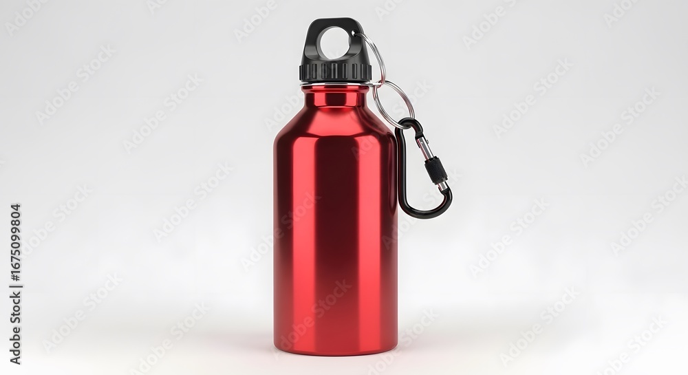 Fototapeta premium Shiny Red Water Bottle with Carabiner Clip, Isolated