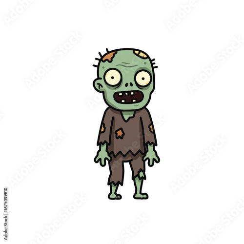 Goofy cartoon zombie with green skin big yellow eyes and tattered brown clothes.